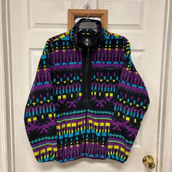 VTG Columbia Sportswear Fleece Jacket XL Purple Teal Geometric Aztec Full Zip - Picture 1 of 8